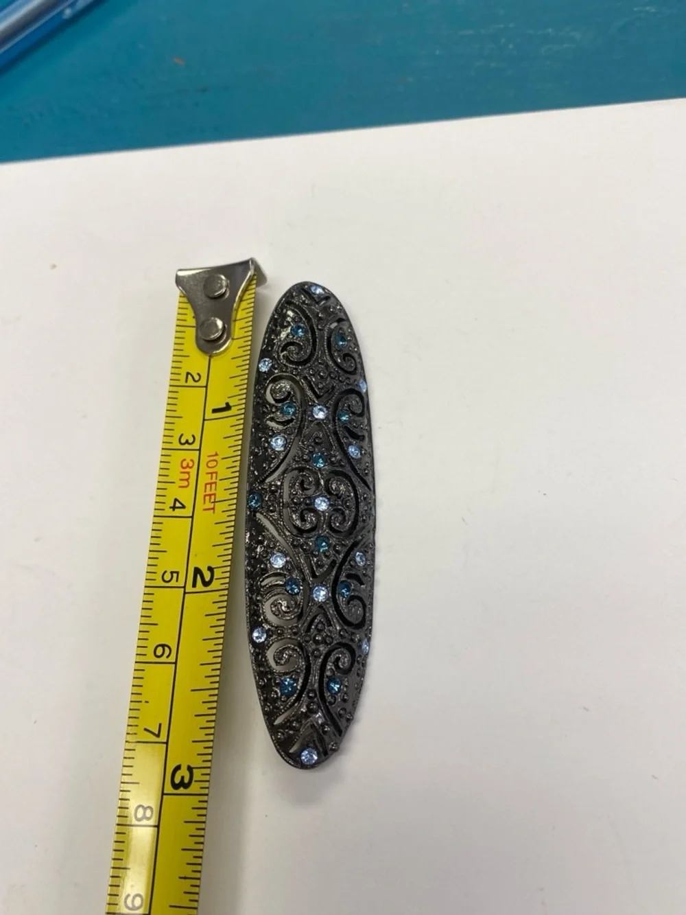 Decorative Gunmetal Brooch  with Blue Rhinestones